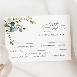 Eucalyptus Greenery Meal Options Song Request  RSVP Card<br><div class="desc">Designed to coordinate with our Boho Greenery wedding collection,  this customisable Meal Options RSVP card,  features a watercolor eucalyptus branch with calligraphy graphic text,  paired with a classy serif & modern sans font in black. Matching items available.</div>