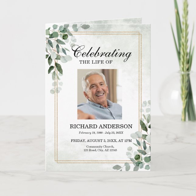 Eucalyptus Greenery Memorial Funeral Program Card (Front)