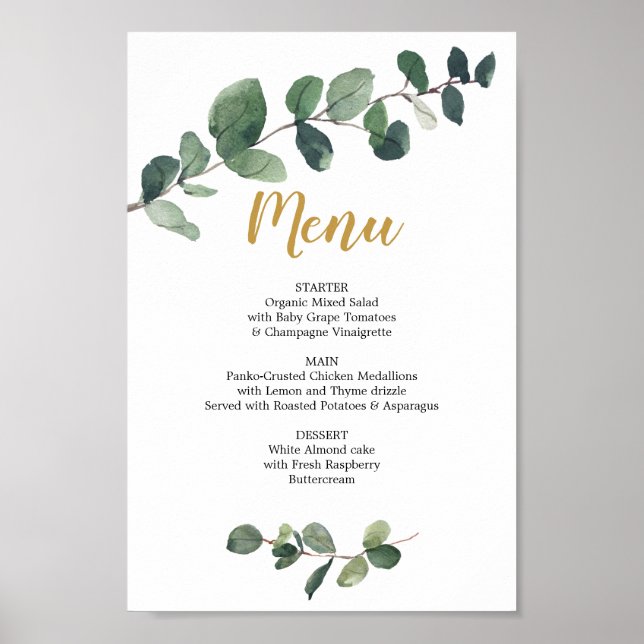 Eucalyptus Greenery Menu or Bar Menu Sign (Front)