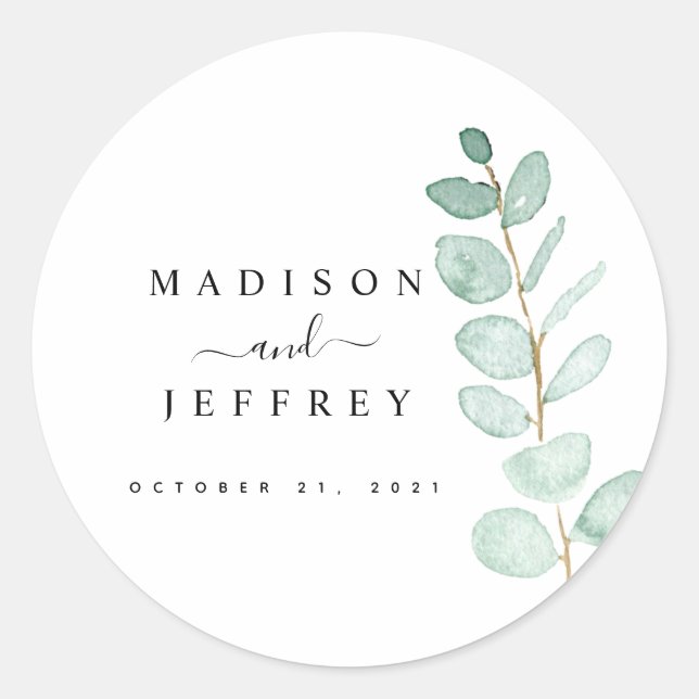 Eucalyptus Greenery Minimalist Wedding Classic Round Sticker (Front)