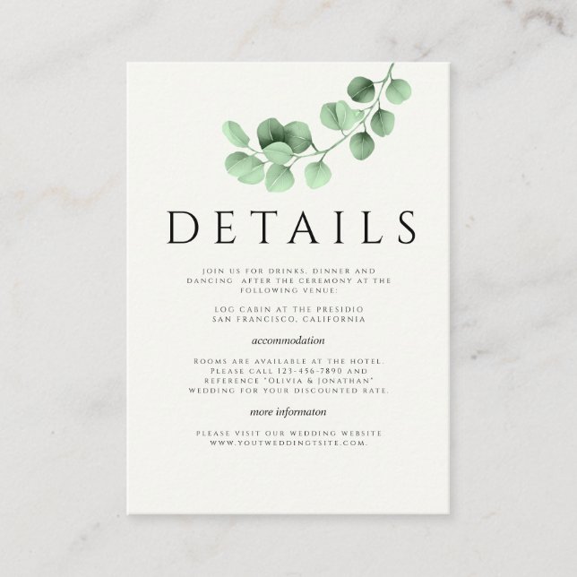 Eucalyptus Greenery Minimalist Wedding Details Enclosure Card (Front)