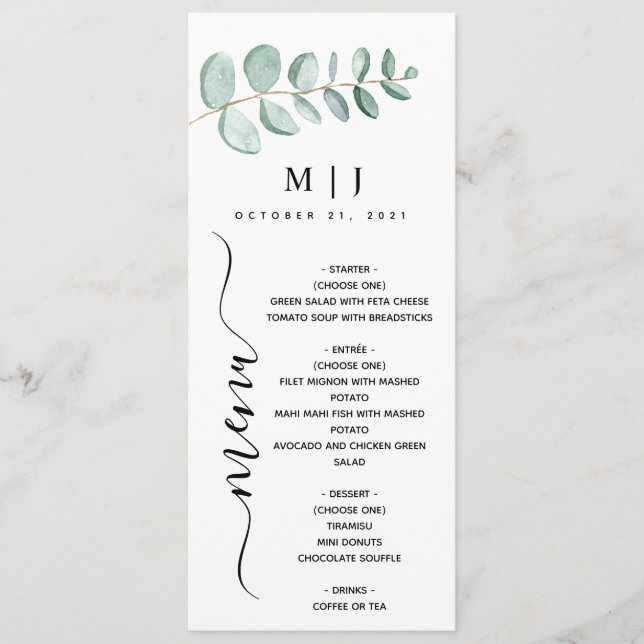 Eucalyptus Greenery Minimalist Wedding Menu (Front)