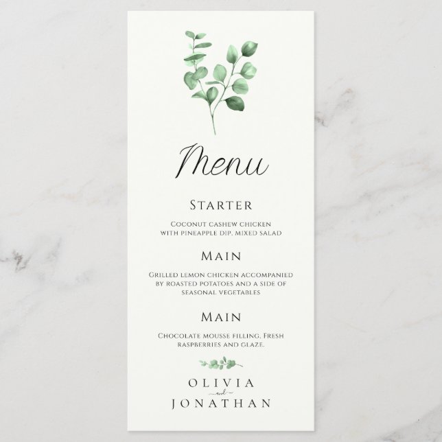 Eucalyptus Greenery Minimalist Wedding Menu (Front)