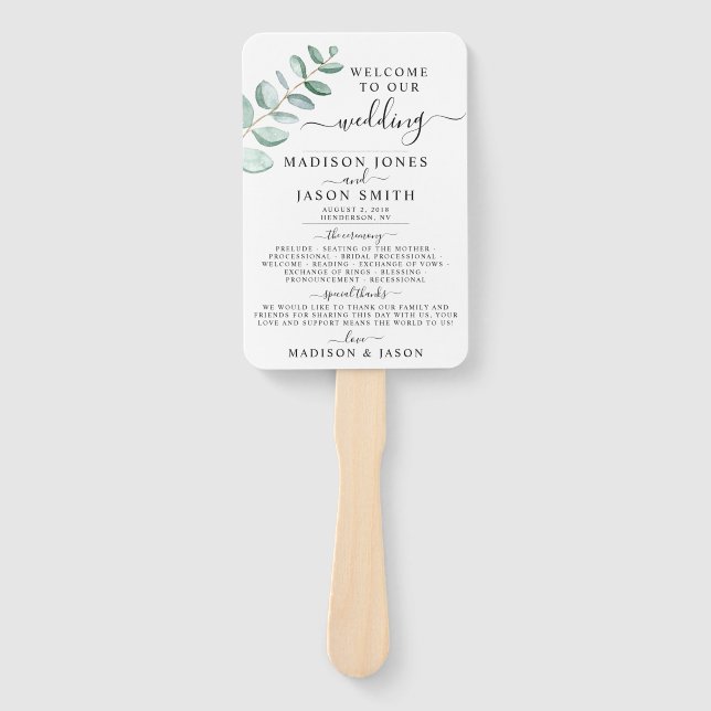 Eucalyptus Greenery Minimalist Wedding Program Hand Fan (Front)