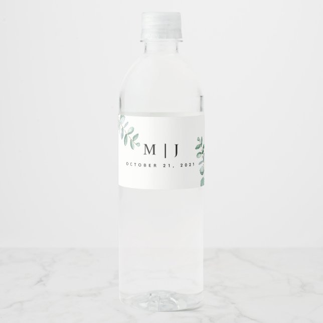 Eucalyptus Greenery Minimalist Wedding Water Bottle Label (Front)