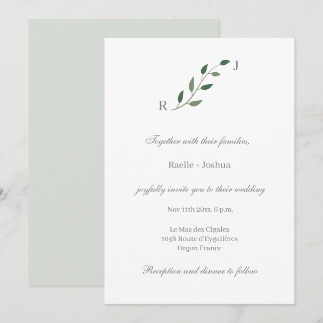 Eucalyptus Greenery Minimalist White Grey Wedding Invitation (Front/Back)