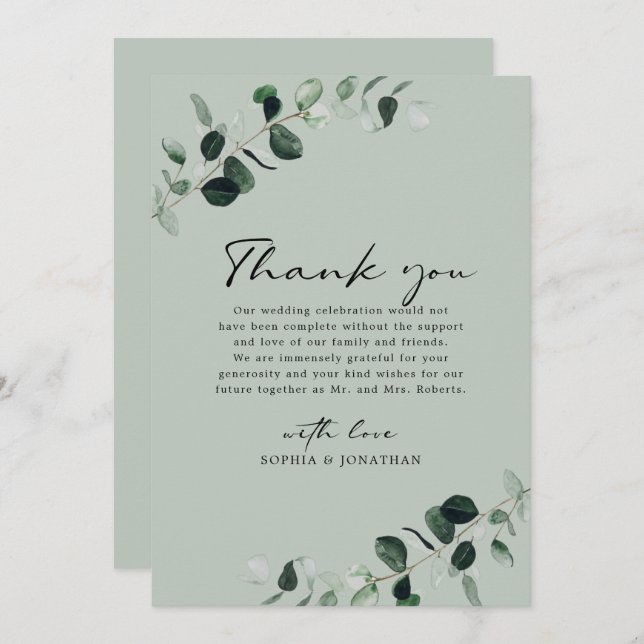 Eucalyptus Greenery Modern Calligraphy Wedding Thank You Card (Front/Back)