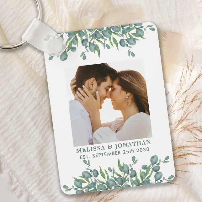 Eucalyptus Greenery Modern Couple Photo Wedding Key Ring (Creator Uploaded)