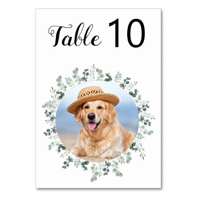 Eucalyptus Greenery Modern Dog Photo Pet Wedding Table Number (Front)