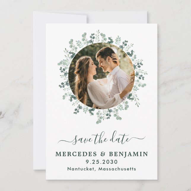 Eucalyptus Greenery Modern Photo QR Code Wedding Save The Date (Front)