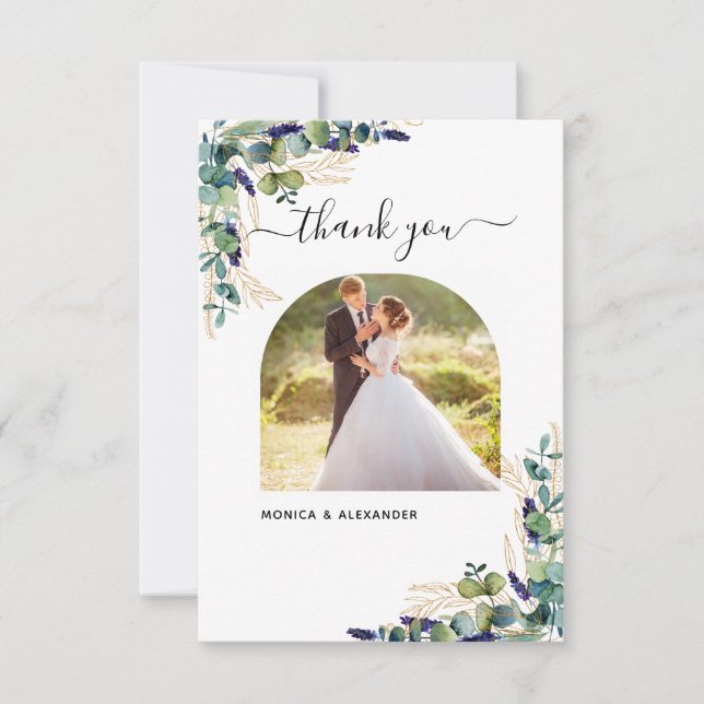Eucalyptus greenery modern photo wedding thank you card (Front)