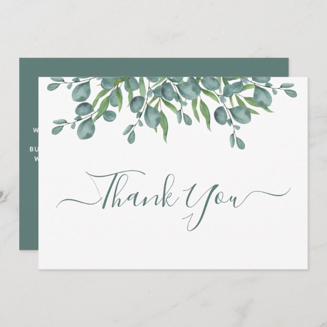 Eucalyptus Greenery Modern Sage Script Wedding Thank You Card (Front/Back)