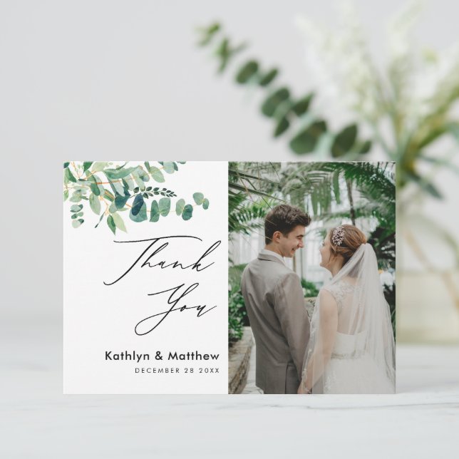Eucalyptus Greenery Modern Script Photo Wedding Thank You Card (Standing Front)