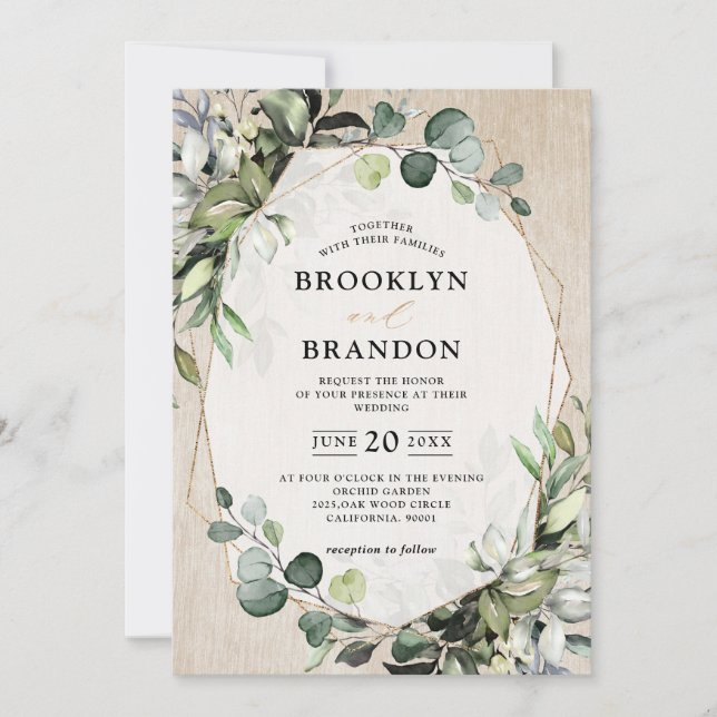 Eucalyptus Greenery Modern Wood Geometric Wedding  Invitation (Front)