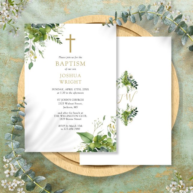 Eucalyptus Greenery Monogram Baptism Christening Invitation (Eucalyptus Greenery Monogram Baptism Christening Invitation)