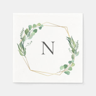 Eucalyptus Greenery Monogram Gold Frame Wedding Napkin