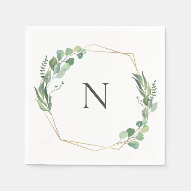 Eucalyptus Greenery Monogram Gold Frame Wedding Napkin (Front)