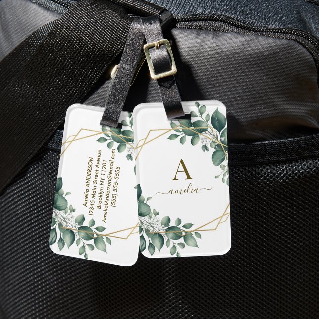 Eucalyptus Greenery Monogram Gold Geometric Frame  Luggage Tag (Creator Uploaded)