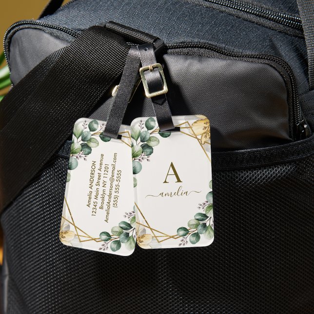 Eucalyptus Greenery Monogram Gold Geometric Frame  Luggage Tag (Creator Uploaded)