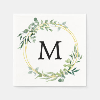 Eucalyptus Greenery Monogram Gold Green Wedding Napkin
