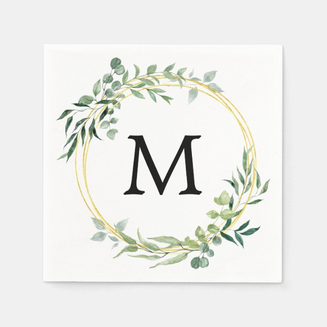 Eucalyptus Greenery Monogram Gold Green Wedding Napkin (Front)