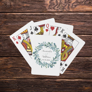 Eucalyptus greenery monogram names wedding playing cards