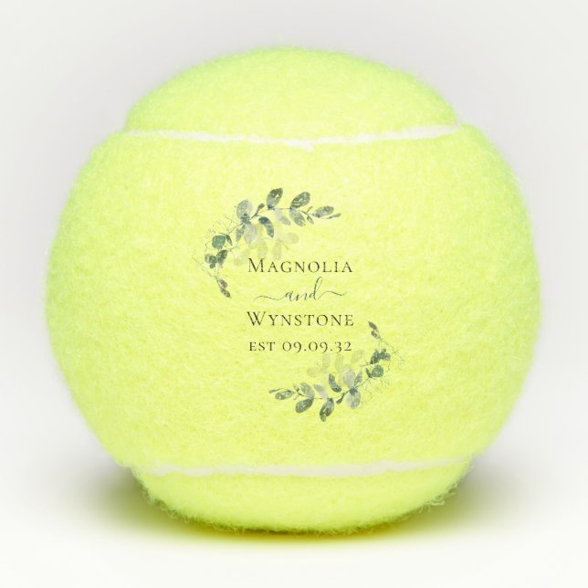 Eucalyptus Greenery Monogram Wedding  Tennis Balls (Front)