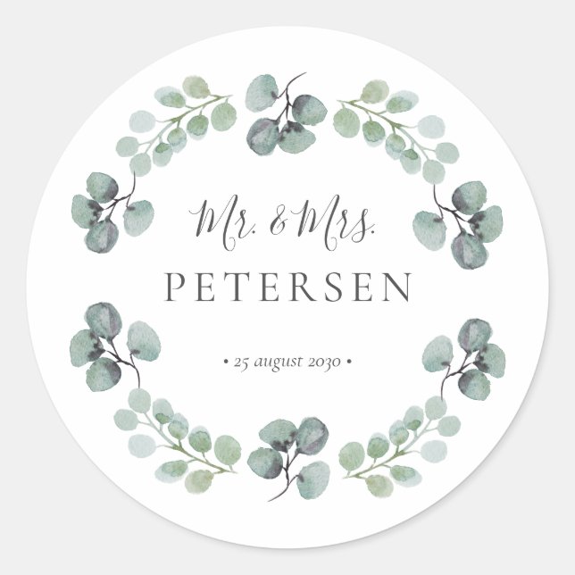 Eucalyptus greenery mr and mrs name wedding  classic round sticker (Front)