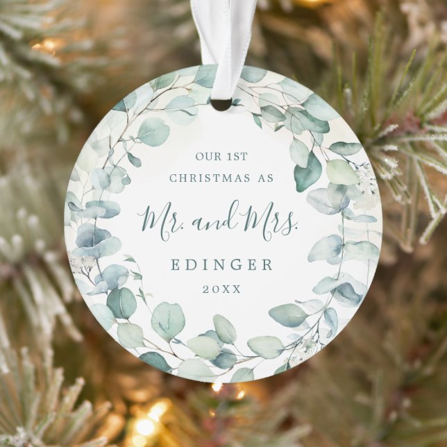 Eucalyptus Greenery Mr. and Mrs. Newlywed Photo Ornament (Tree)