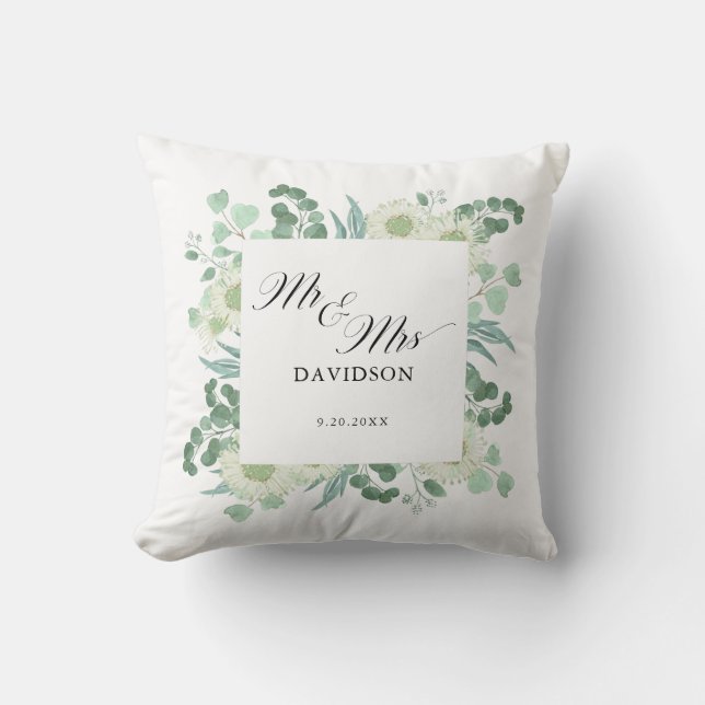 Eucalyptus Greenery Mr and Mrs Script Newlyweds Cushion (Front)
