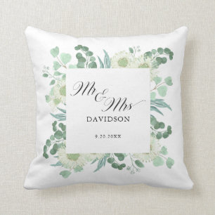 Eucalyptus Greenery Mr and Mrs Script Newlyweds Cushion