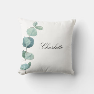 Eucalyptus greenery name script white cushion