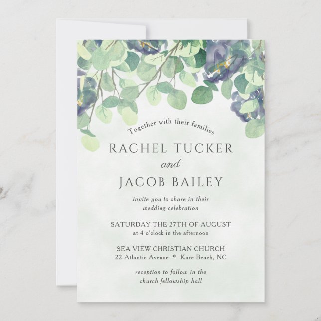 Eucalyptus Greenery Navy Blue Floral Wedding Invitation (Front)