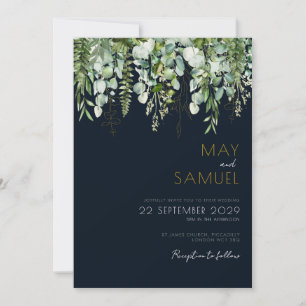 Eucalyptus Greenery & Navy Wedding Invitation