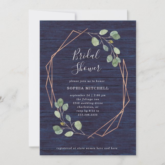 Eucalyptus Greenery | Navy Wood Geo Bridal Shower Invitation (Front)