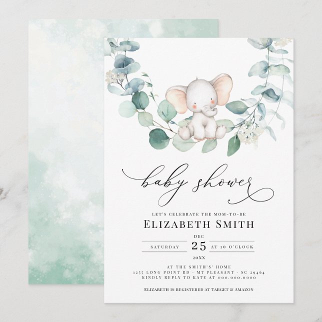 Eucalyptus Greenery Peanut Elephant Baby Shower Invitation (Front/Back)