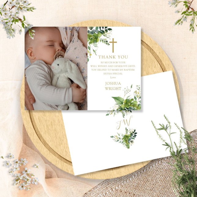 Eucalyptus Greenery Photo Baptism Christening Thank You Card (Eucalyptus Greenery Photo Baptism Christening Thank You Card)