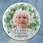 Eucalyptus Greenery Photo Funeral Memorial 7.5 Cm Round Badge<br><div class="desc">Honour your loved one with a custom photo memorial funeral button. This funeral button features elegant eucalyptus greenery wreath, with your custom photo. Quote "In Loving Memory". Customise with favourite photo, and name. Perfect for funeral favours, celebration of life events and memorial services. COPYRIGHT © 2020 Judy Burrows, Black Dog...</div>