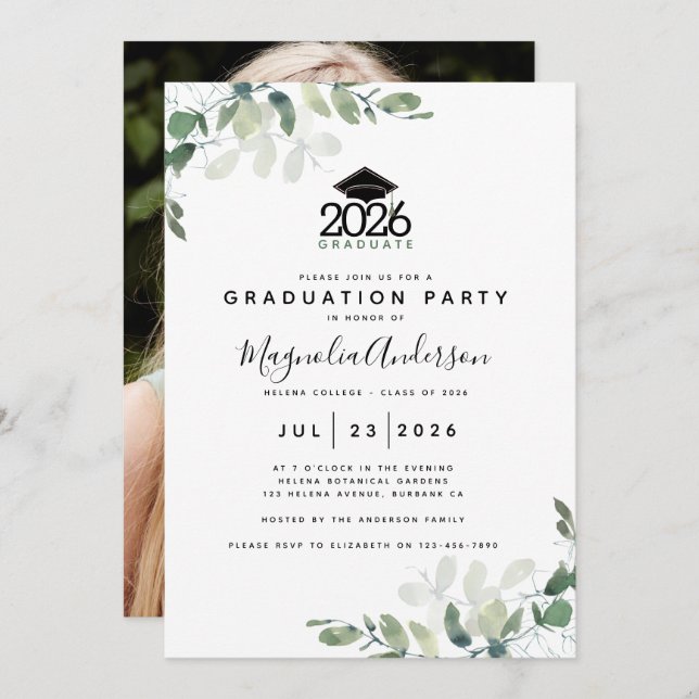 Eucalyptus Greenery Photo Graduation Party Invitation (Front/Back)