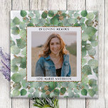 Eucalyptus Greenery Photo Memorial Funeral 15 Cm Square Badge<br><div class="desc">Honour your loved one with a custom photo memorial funeral button. This funeral button features elegant eucalyptus greenery wreath, with your custom photo. Quote "In Loving Memory". Customise with favourite photo, and name. Perfect for funeral favours, celebration of life events and memorial services. COPYRIGHT © 2020 Judy Burrows, Black Dog...</div>
