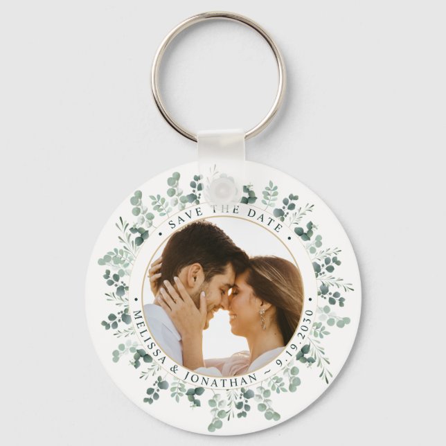Eucalyptus Greenery Photo Wedding Save The Date Key Ring (Front)