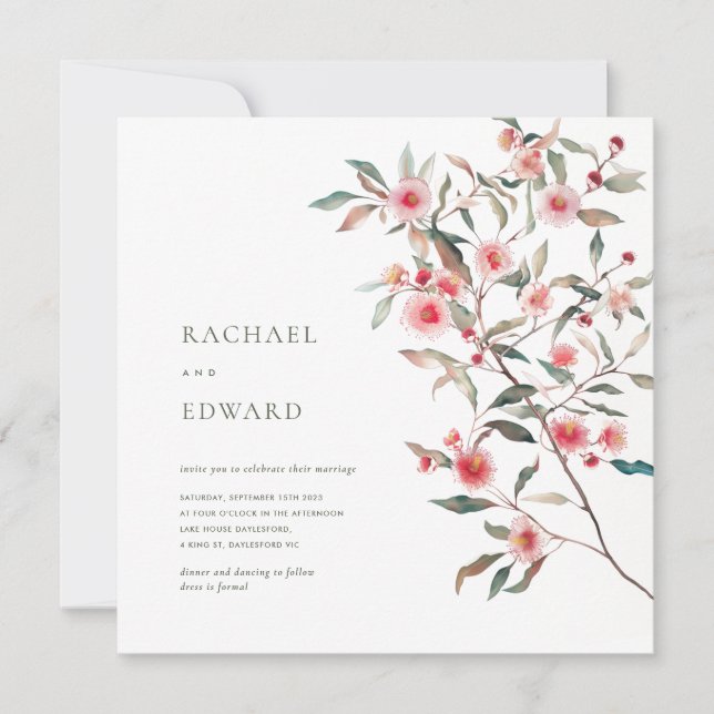 Eucalyptus Greenery & Pink Florals Wedding Invitation (Front)