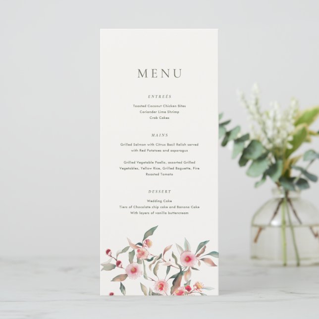 Eucalyptus Greenery & Pink Florals Wedding Menu (Standing Front)