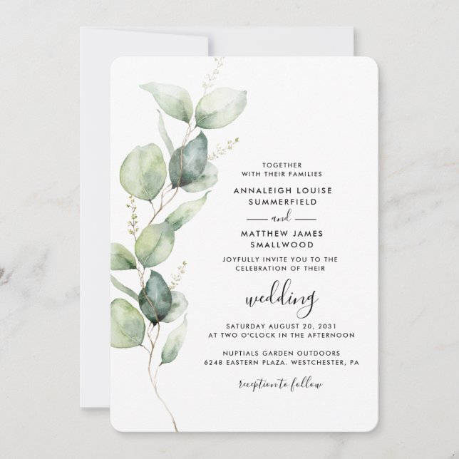 Eucalyptus Greenery QR Code All in One Wedding Invitation (Front)
