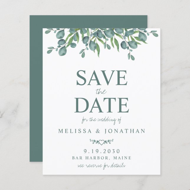 Eucalyptus Greenery QR Code Budget Save The Date (Front/Back)