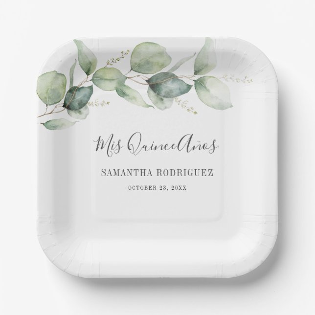 Eucalyptus Greenery Quinceanera 15th Birthday Paper Plate (Front)
