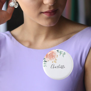 Eucalyptus greenery rose gold floral name tag 3 cm round badge