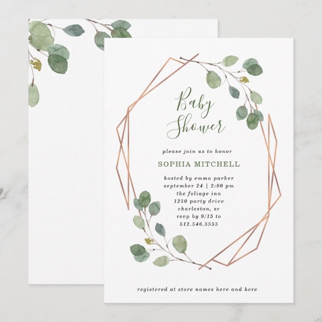 Eucalyptus Greenery | Rose Gold Geo Baby Shower Invitation (Front/Back)