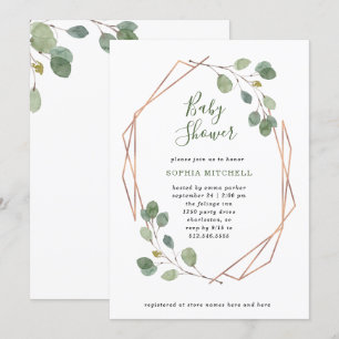 Eucalyptus Greenery   Rose Gold Geo Baby Shower Invitation