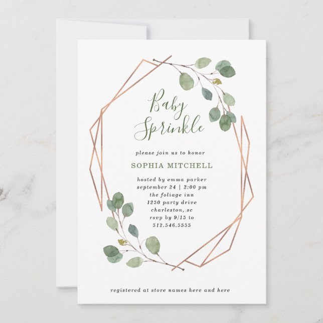 Eucalyptus Greenery Rose Gold Geo Baby Sprinkle Invitation (Front)